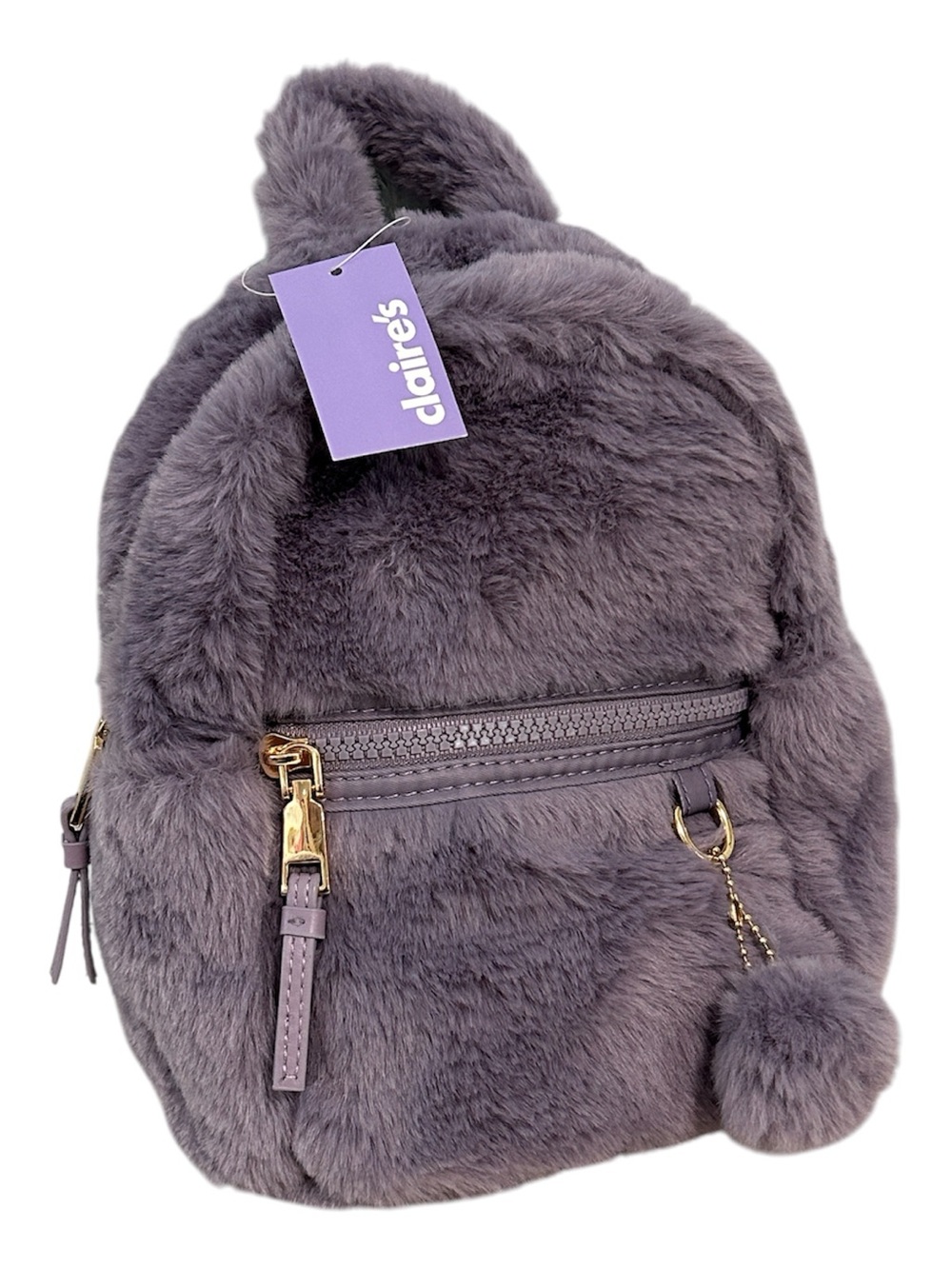 Claire's Plush Purple Faux Fur Mini Backpack with Pom-Pom Charm NEW